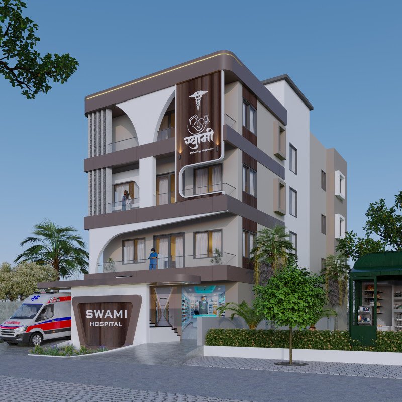 Modern G+3 Hospital Building Elevation Design | Swami Hospital